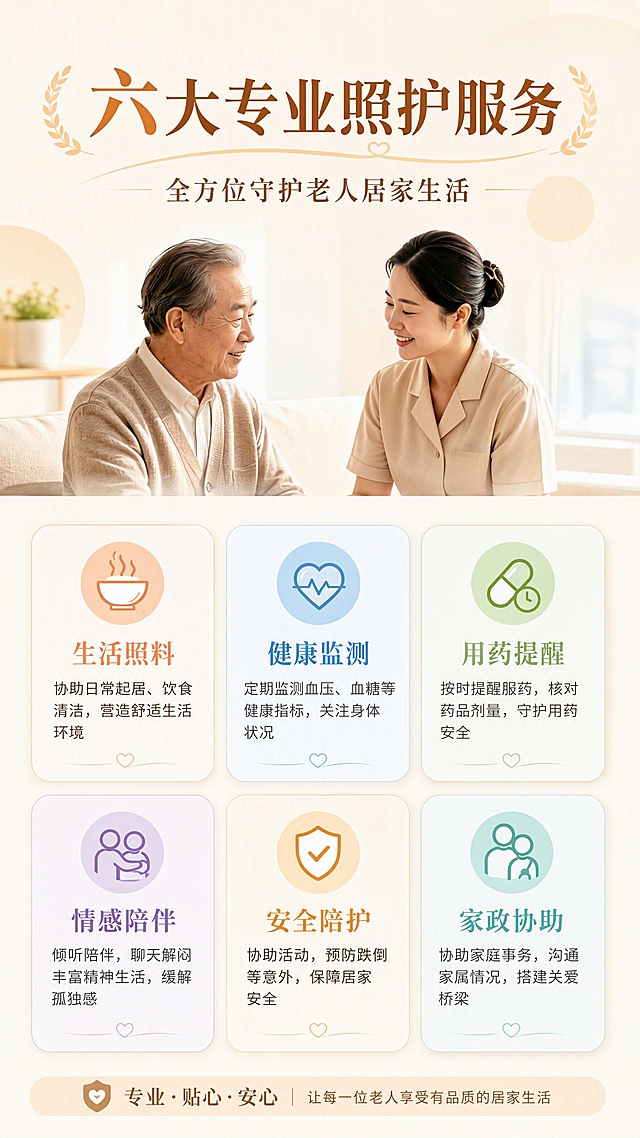 [第3张] 详情页服务内容总览-六大照护模块全景介绍。本张使用【图1】人物形象作为画面中心元素。
[氛围/风格] 温馨专业风，暖色调，图标化信息展示，京东平台严谨卡片式版式，清晰易读。
[元素布局] 画面中心上方为护理员与老人温馨微笑的半身形象（取自图1人物）；下方环绕六大服务模块卡片，呈2行3列网格布局；每张卡片含图标+服务名称+简短说明；背景为浅米色渐变，点缀柔和圆形装饰元素。
[光影质感] 顶部柔光均匀照明，人物面部清晰，卡片有轻微投影增加层次感，整体明亮干净。
[配色色系] 全局底色 #FFFAF3 暖白；主色暖橙色 #E8A87C；辅助色浅蓝 #A8D0E6、浅绿 #B8E0B8、浅紫 #D4B8E0；文字深棕 #4A3728。
[视角构图] 正面平视，中心人物+下方网格布局，阅读动线顶部标题 → 中心人物 → 六宫格服务模块。
[文字版式] 顶部主标题「六大专业照护服务」，副标题「全方位守护老人居家生活」；六张卡片分别为：「生活照料」「健康监测」「用药提醒」「情感陪伴」「安全陪护」「家政协助」；每张卡片配对应线性图标和1-2行说明文字；卡片圆角设计，色彩区分模块；文字清晰，字号适中。
[比例分辨率] 9:16 竖版比例，4K 分辨率，文字清晰可辨，高清画质。
[负向提示词] 人物变形，图标模糊，水印，文字错乱，卡片变形，颜色混乱。