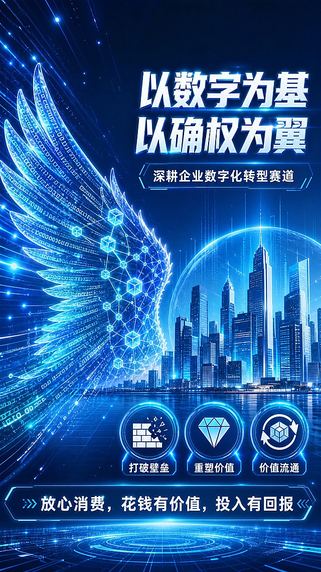 品牌主视觉海报，主题为企业数字化转型。科技蓝色底色，左侧是一只由发光数字代码和区块链节点组成的巨大翅膀，翅膀展开呈飞翔姿态，象征确权之翼。翅膀右侧是现代化企业城市天际线剪影，被数字光芒笼罩。主标题大字位于画面右上区域："以数字为基，以确权为翼"，字体有科技光效。副标题在主标题下方："深耕企业数字化转型赛道"。画面右下角有三个发光圆形图标分别标注："打破壁垒""重塑价值""价值流通"。底部居中文字："放心消费，花钱有价值，投入有回报"。整体风格为3D渲染科技风，左图右文布局，蓝青色渐变光效，通透玻璃质感，版式精美，层次分明。画面中所有信息区域必须填充完整合理的内容，不得出现空白框或占位区域。