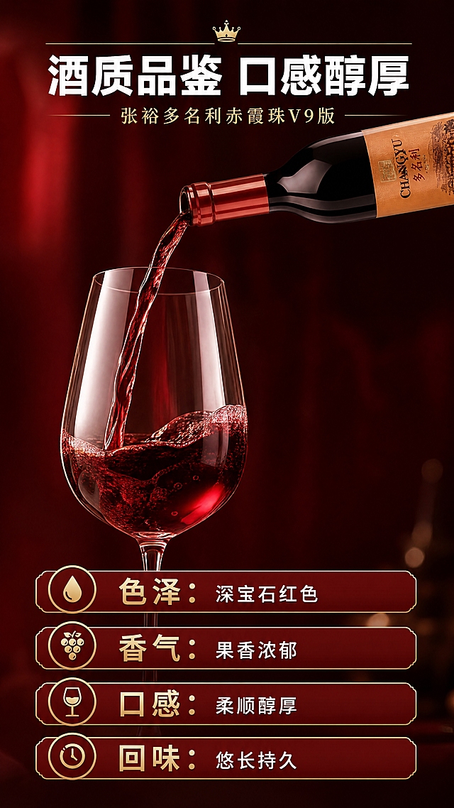 [详情页3] 酒质品鉴-酒液色泽口感展示。本张使用输入产品图中的单瓶作为产品主体。
[统一基调] 京东品质风格，红金高端配色，严谨专业，稳重简洁，商业摄影质感，9:16竖版。
[画面] 上半部分为红酒瓶倾斜倒酒，酒液流入水晶玻璃红酒杯中，形成优美弧线，酒液呈深宝石红色，有挂杯效果；瓶身标签与输入产品图完全一致；下半部分为品鉴说明文字区；背景深酒红色虚化。
[光影质感] 侧逆光打亮酒液，呈现深宝石红色泽，杯壁有高光反射，整体明亮有质感。注意：画面中不出现饮酒动作，仅展示倒酒和酒液。
[配色] 主色深红+金色；辅助色深宝石红、透明杯；背景深酒红虚化。
[文字版式] 顶部标题「酒质品鉴 口感醇厚」白色粗黑体；中部酒杯+倒酒画面；下半部分四个品鉴要点：「色泽：深宝石红色」「香气：果香浓郁」「口感：柔顺醇厚」「回味：悠长持久」，纵向排列，每项配小图标，深红色底白色字；文字不遮挡酒液主体。
[输出要求] 9:16竖版比例，2K分辨率，文字清晰可辨，高清画质。负向：变形，水印，错字，糊字，饮酒动作，人物喝酒，绝对化用语，平台logo，日期信息，直发宣传，违规信息。
