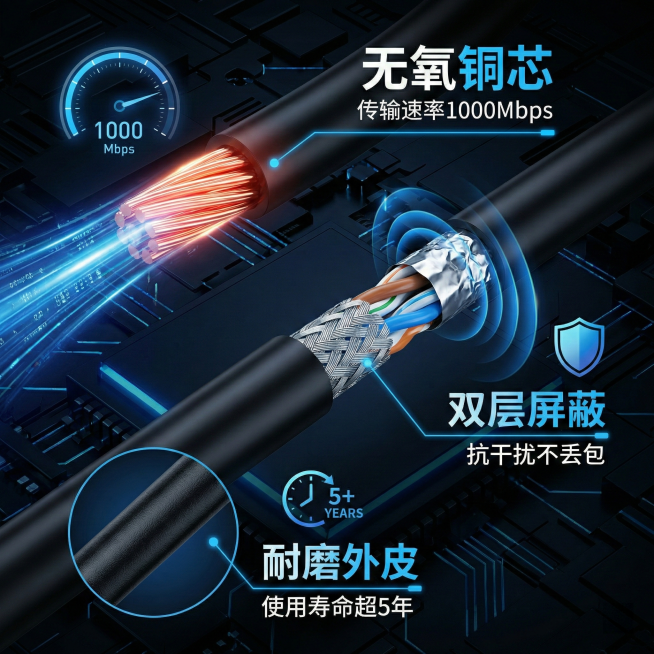 卖点详情图，聚焦网线核心卖点，展示网线的无氧铜材质、千兆传输速率、抗干扰屏蔽层，用数据化文案呈现："无氧铜芯 传输速率1000Mbps""双层屏蔽 抗干扰不丢包""耐磨外皮 使用寿命超5年"，视觉收敛预览效果