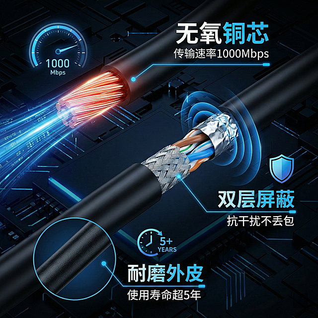 卖点详情图，聚焦网线核心卖点，展示网线的无氧铜材质、千兆传输速率、抗干扰屏蔽层，用数据化文案呈现："无氧铜芯 传输速率1000Mbps""双层屏蔽 抗干扰不丢包""耐磨外皮 使用寿命超5年"，视觉收敛，突出数据和利益点，主色调黑色，搭配科技蓝辅助色