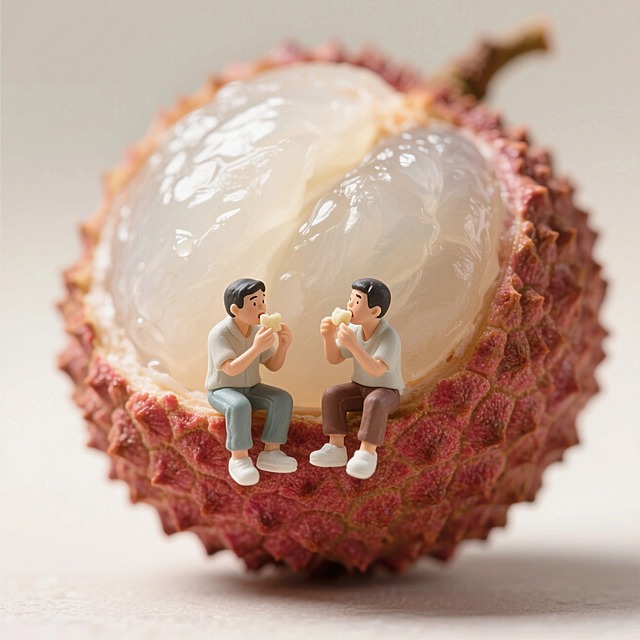 一颗巨大的荔枝被剥开，两个小人坐在荔枝上吃荔枝，剔透的荔枝质感和小人特写，高分辨率细节显示荔枝质感，微型食物摄影