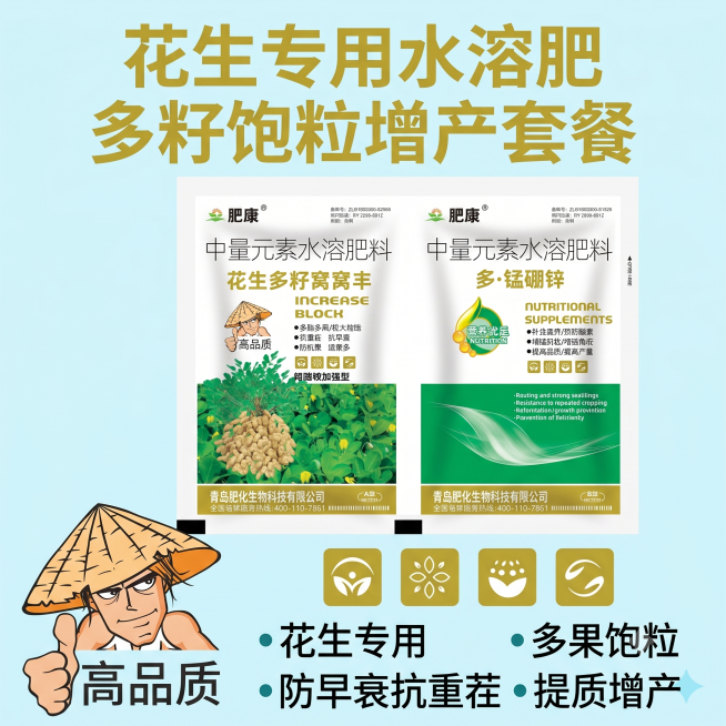 拼多多1:1正方形电商主图，展示肥康花生多籽窝窝丰+多·锰硼锌水溶肥料套装，突出花生专用、多果饱粒、防早衰抗重茬提质增产核心卖点，农业农资风格，清晰展示产品包装，文案醒目，浅蓝色背景，主标题加粗：花生预览效果