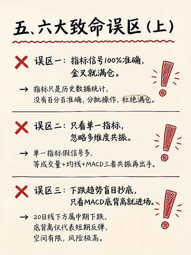 小红书知识图文内页，手写涂鸦笔记风格，版式精美，小红书笔记封面质感。米黄色纸张底色，带有轻微纸张纹理。页面顶部黑色手写毛笔大字标题：「五、六大致命误区（上）」，标题下方有手绘波浪下划线。正文内容用黑色手写体分点呈现，每个误区前画手绘红色叉号：❌ 误区一：指标信号100%准确，金叉就满仓。→ 指标只是历史数据统计，没有百分百准确，分批操作，杜绝满仓。❌ 误区二：只看单一指标，忽略多维度共振。→ 单一指标假信号多，等成交量+均线+MACD三者共振再出手。❌ 误区三：下跌趋势盲目抄底，只看MACD底背离就进场。→ 20日线下方属中期下跌，底背离仅代表短期反弹，空间有限，风险极高。每个误区用手绘横线分隔，右侧配手绘感叹号涂鸦装饰。整体氛围：手写笔记感、警示醒目、干货满满。画质：高清细腻，信息层级清晰，文字完整处于安全区内不可裁切，四周留安全边距。画面比例 3:4，4K。