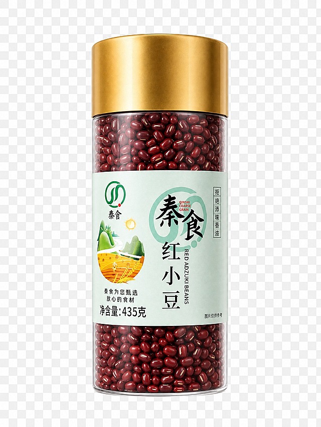 参考图中罐装杂粮产品的精修风格：金色金属瓶盖有光泽质感，透明玻璃瓶身通透干净，内部杂粮颗粒清晰饱满，标签文字清晰锐利无模糊乱码，整体光影柔和立体，产品居中展示。将图中的秦食红小豆罐装产品按此风格精修，保持产品本身的比例和形态，标签上的文字和图案清晰可辨无乱码，背景为透明免抠背景，单独一个罐装产品，专业电商产品精修质感