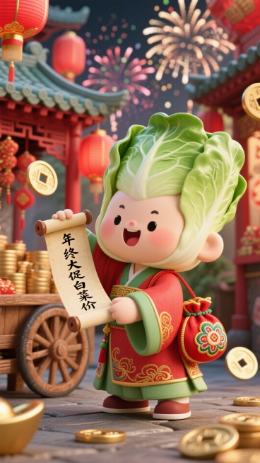 主视觉为身着汉服的白菜小人手持宣纸卷轴（写有 “年终大促白菜价”），背着传统刺绣荷包袋吆喝，国潮古集市促销氛围，红金与墨绿配色的古集市背景，点缀铜钱、红灯笼、古风烟花、木质推车元素。预览效果