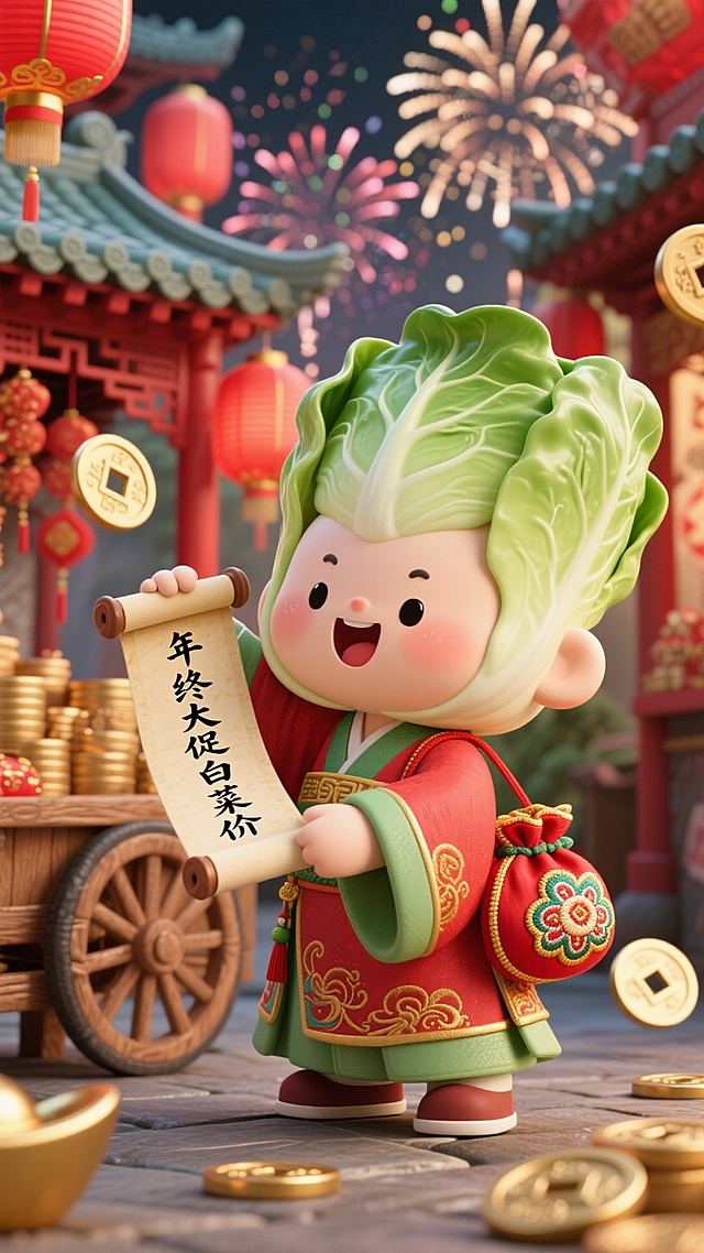 软3D风国潮萌娃，拟人白菜头戴传统服饰，手持“年终大促白菜价”卷轴，背景红灯笼与烟花绽放，喜庆卡通感十足，传递双11促销味。