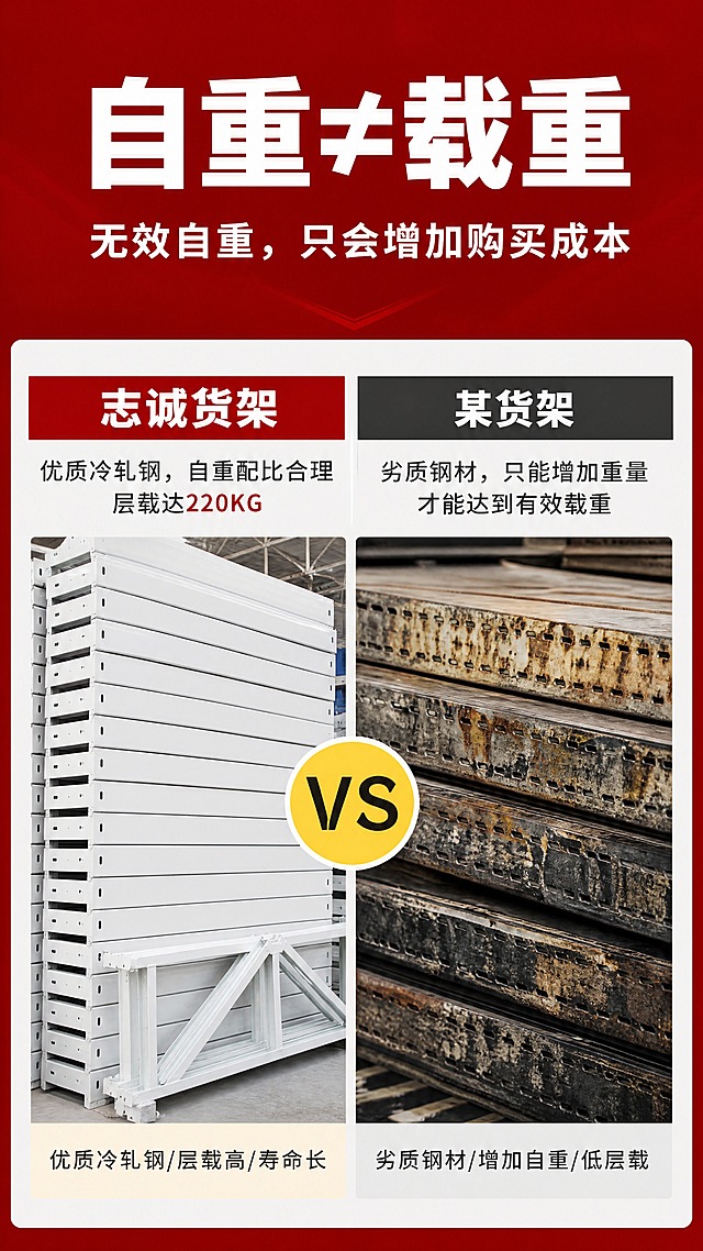 [商品] 使用【图2】下半部分对比版式参考；货架产品为志诚品牌，所有"浩坤"替换为"志诚"，保留左右对比VS版式。
[画面] 页面目标：材质对比，志诚优质冷轧钢vs劣质钢材。左右分栏对比布局，中间黄色VS圆形标识。上方深红色标题区，下方左右两栏产品图+说明文字。左栏志诚货架白色层板堆叠图，右栏劣质生锈钢材图。阅读动线：标题→左栏→中间VS→右栏。
[视觉] 套系策略：风格=国内电商工业风详情页；标题字=粗黑体；正文字=常规黑体；主色=深红色；背景延展=深红色顶部标题栏，下方浅灰/白色对比区，左栏蓝色标题块改为深红色，右栏深灰；强调色=金黄色，用于VS圆形和重点标注；标题色=白色；正文色=深灰色；组件=左右对比栏、黄色VS圆标、彩色标题色块；光影=产品图清晰打光，对比强烈。
[文字] 顶部主标题："自重≠载重"；副标题："无效自重，只会增加购买成本"；左栏标题："志诚货架" 深红色底白字；左栏说明："优质冷轧钢，自重配比合理 层载达220KG"；左栏底部："优质冷轧钢/层载高/寿命长"；右栏标题："某货架" 深灰底白字；右栏说明："劣质钢材，只能增加重量 才能达到有效载重"；右栏底部："劣质钢材/增加自重/低层载"；全部文字横排。
[规格] 图片比例9:16竖版，4K分辨率，负向提示：避免错字、浩坤字样、蓝色标题块、文字过小、变形。