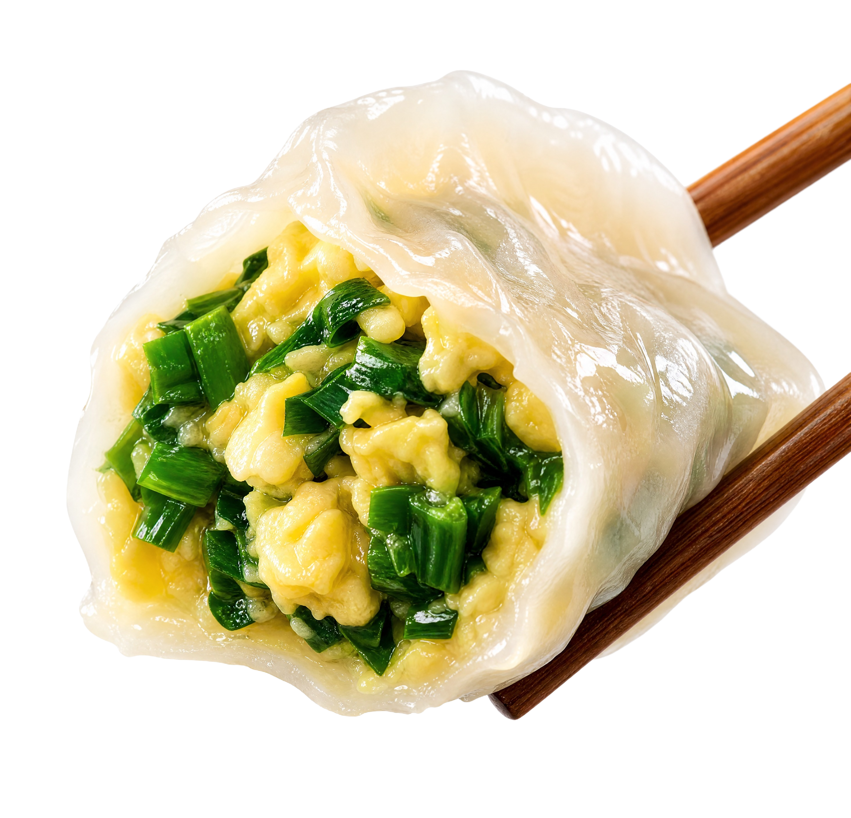 参考图中饺子的水晶薄皮质感、微距特写视角、纯白背景、木筷子夹着… - 图片创意预览