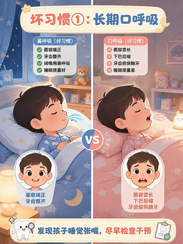 儿童口腔健康科普插画，主题为长期口呼吸坏习惯。画面左右对比卡通图：左侧是正常鼻呼吸的可爱小朋友，面容端正，牙齿整齐，闭着嘴巴用鼻子呼吸，有清新气流从鼻子进出；右侧是口呼吸侧脸的小朋友，张着嘴巴睡觉，面容变长，下巴后缩，牙齿前突龅牙，有气流从嘴巴进出。背景是温馨的儿童卧室，有小床、枕头、夜灯，整体色调柔和温暖，以浅蓝色、米白色、淡粉色为主，色彩清新统一。画面顶部有小标题文字'坏习惯①：长期口呼吸'，底部有提示文字'发现孩子睡觉张嘴，尽早检查干预'。卡通扁平风格，线条圆润，适合儿童科普，画面内容丰富细节多。