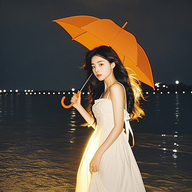 女生，长发，长裙，沙滩，阳光，眼部大特写