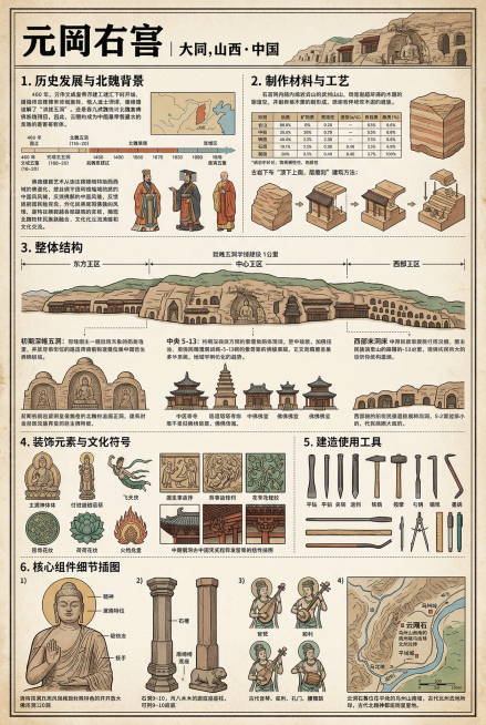 A3大小的山西大同云冈石窟信息可视化展板，复古精致高信息密度图解风格，色彩以砂岩土黄色、灰褐色为主，辅以朱红、石青、石绿以及木构件深褐色。包含六大核心板块：1. 历史发展与北魏背景：说明云冈石窟始建于预览效果