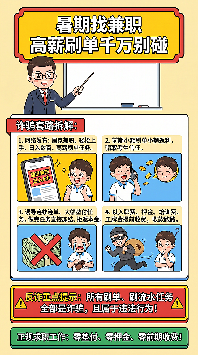 「图片1」「图片1」「图片1」「图片1」「图片1」「图片1」「图片1」「图片1」「图片1」「图片1」我是一名银行反诈工作人员，结合目前高考结束，需要针对高考季开展反诈宣传，请以此为主题制作宣传长图文章，用于发布公众号等媒体，要求：8页长图，内容契合主题，反诈内容适应高考季，能吸引高考学生，添加图案等丰富版面，内容涵盖对于高考生的常见诈骗手段及防范提示等。充分按照参照这提供图的风格、样式、排版以及图片和问题所占的比例。要求：每一页的色调风格一致，让配图占每一页画面的比例较多，问题内容可以适当删减。
每一页的具体要求如下：
第1页：封面页。主标题（超大粗体）：高考收官莫松懈 反诈护航新征程 
副标题（居中浅色字）：致2026全体高考生 擦亮双眼 远离骗局 安心奔赴盛夏与山海 
适配配图元素：毕业剪影、录取通知书、青春蓝底色、反诈盾牌、星光装饰边框 
第2页：前言科普页，反诈背景。 标题：考完放松≠放松警惕 、考季，正是电信诈骗高发期！ 
正文内容：高考结束后，同学们时间自由、上网时间增多、社交购物频繁、零花钱充裕，同时大家高度关注：查分、报志愿、录取、升学、暑期兼职等热点，个人信息曝光量大、防范意识较弱，因此成为电信网络诈骗分子的重点盯上人群。 
高发骗局诱因：1. 轻信“内部关系、花钱改分、低分补录”升学捷径。2. 急于找暑期兼职、轻松高薪工作。3. 轻信高考补贴、助学金、中奖福利。4. 游戏交易、充值返利、二手交易需求旺盛。 醒目金句标语：快乐可以尽情放松 反诈警惕绝不放假！ 
适配配图元素：手机弹窗、消息气泡、警示小图标、青春浅色底纹、银行工作人员形象、大学生的形象 
第3页：骗局一，升学录取类诈骗。 标题：警惕！高考“内部名额”全是套路 
诈骗套路拆解：1. 骗子冒充教育机构、内部工作人员，声称可修改高考分数、操作志愿调剂。2. 谎称拥有院校内部补录、低分录取、计划外名额。3. 以“保证金、打点费、操作费、提档费”等名义层层收费。4. 伪造录取截图、虚假通知书，收钱后直接拉黑失联。
银行反诈硬核提醒：高考查分、志愿填报、高校录取，全程官方公开、全程透明、绝无私下操作！ 防骗口诀：花钱改分、花钱买录，通通都是诈骗陷阱！ 
适配配图元素：虚假通知书、红色禁止标识、学校建筑简约插画、大学生的形象。 
第4页：骗局二，暑期兼职刷单诈骗。 标题：暑期找兼职 高薪刷单千万别碰 
诈骗套路拆解：1. 网络发布：居家兼职、轻松上手、日入数百、高薪刷单任务。2. 前期小额刷单小额返利，骗取考生信任。3. 诱导连续连单、大额垫付任务，做完任务直接冻结、拒返本金。4. 以入职费、押金、培训费、工牌费提前收费，收款跑路。 
反诈重点提示：所有刷单、刷流水任务，全部是诈骗，且属于违法行为！正规求职工作：零垫付、零押金、零前期收费！ 
适配配图元素：手机聊天界面、金币打叉图标、兼职陷阱警示图、银行工作人员形象、大学生的形象。
第5页：骗局三，高考补贴助学金诈骗。 标题：陌生奖学金、高考补贴 切勿轻信！ 
诈骗套路拆解：1. 冒充教育局、学校、财政部门发短信、打电话。2. 谎称可申领高考专项助学金、升学补贴、优秀考生奖金。3. 发送陌生链接，诱导填写身份证、手机号、银行卡信息。4. 索要短信验证码、转账手续费，盗取账户余额。 
官方权威提醒：正规教育补贴、助学金、不会私发短信链接、不会索要验证码、不会提前收费！ 
适配配图元素：红包警示、链接弹窗、安全锁插画、银行工作人员形象、大学生的形象。 
第6页：骗局四，游戏交易娱乐诈骗。 标题：假期娱乐放松 守住钱包底线 诈骗套路拆解：1. 高考后游戏时间增多，骗子瞄准账号买卖、皮肤交易、代练充值。2. 搭建虚假交易平台、私发链接，脱离官方平台私下交易。3. 以解冻资金、保证金、手续费为由持续骗钱。4. 骗取账号密码、验证码，盗刷支付账户。 
防骗要点：1. 游戏交易只走官方正规渠道。2. 绝不私下扫码、私转私账。3. 密码、验证码绝不告知陌生人。 
适配配图元素：游戏手柄、少年插画、反诈盾牌、银行工作人员形象、大学生的形象
第7页：考生专属，五不反诈准则。 大标题：高考生专属反诈“五不原则”、守住青春第一笔财富！
 正文五条准则（逐条清晰排版）：1. 不轻信。不信陌生电话、陌生消息、所谓内部捷径、特殊福利。2. 不透露。身份证、银行卡号、支付密码、短信验证码绝不外泄。3. 不转账。凡是陌生人员要求转账、缴费、解冻资金，一律拒绝。4. 不点击。不点未知短信链接、陌生网友私发链接。5. 不扫码。不扫陌生二维码、来路不明收款码、认证码。 
紧急求助通道：遇到可疑诈骗、疑似被骗、立即拨打 110 报警、同时联系银行冻结账户、止付保全资金。 
适配配图元素：五组对应简约图标、盾牌守护底纹、银行工作人员形象、大学生的形象 
第8页：封底页，结尾升华。 主标语（居中大字）：少年逐梦前路坦荡 反诈同行不负韶华 副标语：远离电信诈骗 守护青春财富 平安度过美好暑假 奔赴崭新未来 适配配图元素：蓝天白云、青春少年、飘扬丝带