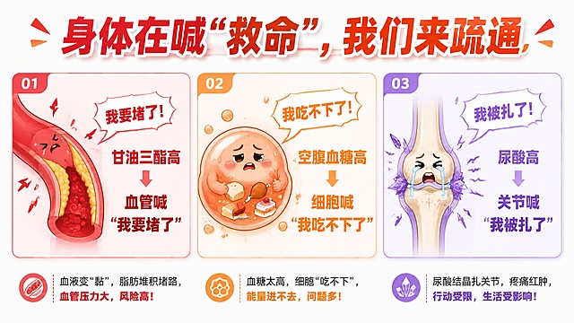 PPT机制总结页设计，16:9横版比例。页面顶部居中是大标题"身体在喊'救命'，我们来疏通"，字体加粗醒目，红色或橙色。画面主体是三条并列的总结卡片，横向均匀分布。第一条：左侧是血管堵塞的小图标，右侧文字"甘油三酯高 → 血管喊'我要堵了'"，红色调；第二条：左侧是细胞饱腹的小图标，右侧文字"空腹血糖高 → 细胞喊'我吃不下了'"，橙色调；第三条：左侧是关节结晶的小图标，右侧文字"尿酸高 → 关节喊'我被扎了'"，紫色调。每条都配有生动的小图标和拟人化的喊话文字，整体风格统一为医学科普风，与上一页三栏插画风格呼应，白色或浅灰背景，排版清晰有冲击力。