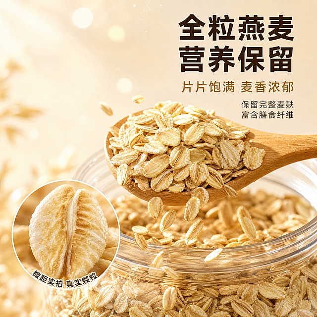 [主图-3] 细节微距种草图，展示燕麦片颗粒饱满的全谷物品质。
[统一基调] 温馨暖色调，自然暖阳逆光，米白+暖金+浅棕配色，粗黑体厚重标题，辅助文案用清爽细黑体，整体传递健康家庭早餐的温暖氛围。
[画面] 画面中心偏右是产品罐的局部特写，罐口打开，一把木勺正从罐中舀起满满一勺燕麦片，燕麦片颗粒清晰可见，片片完整饱满，呈现自然的米黄色和麦麸纹理。部分燕麦片从勺边洒落，悬浮在空中，形成动态瞬间。左下角有一个圆形放大区域，超微距展示单颗燕麦片的表面纹理，能看到清晰的麦麸纹路和胚芽结构。背景是柔和的暖米色渐变，有细微的光斑点缀。
[光影质感] 侧上方暖光照射，燕麦片颗粒有明显的立体感和通透感，边缘有金色轮廓光，表面纹理清晰，木勺有自然的木纹质感，玻璃罐口有高光反射，整体微距摄影级质感，细节丰富。
[配色] 背景暖米色渐变，标题字色为深棕色，强调字为暖金色，辅助文字为浅棕色，整体干净突出主体。
[文字版式] 右上方主标题"全粒燕麦 营养保留"用粗黑体大字，深棕色；下方"片片饱满 麦香浓郁"用中号字体，暖金色；再下方分两行"保留完整麦麸""富含膳食纤维"用细黑体，浅棕色。文字右对齐，放在画面右侧负空间。左下角微距圆圈旁标注"微距实拍 真实颗粒"小字。
[输出要求] 1:1正方形，2048*2048，燕麦片颗粒纹理清晰，文字可读，微距细节真实。负向：变形、错字、模糊、水印、平台Logo、颗粒不清晰、质感塑料、假纹理。
