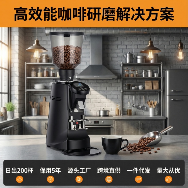 帮我生成三张厨房场景的电商主图，文字为：2. 核心卖点文字：日出200杯，保用5年，   源头工厂，跨境直供，一件代发，量大从优旁边可以有一些咖啡豆等配件东西预览效果
