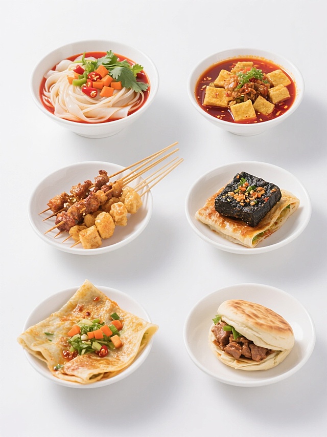 六个街边小吃菜品以两行三列的规整网格形式排布在纯白色纯色背景上，整体风格简约现代，无任何文字、logo和水印。每个菜品均采用高清写实摄影风格呈现，具有明亮均匀的光线照射，色彩鲜艳饱和，细节清晰可见。第一个菜品是凉皮，盛放在白色圆碗中，呈现出透亮的米白色凉皮，搭配红色辣椒油、绿色香菜、橙色胡萝卜丁和黄色面筋块，汤汁红润诱人。其余五个菜品分别为不同的街边小吃，包括麻辣烫、烤串、煎饼果子、臭豆腐和肉夹馍，每个菜品都保持与凉皮一致的高清写实风格、明亮光线、鲜艳色彩和白色容器，整体构图平衡对称，视觉层级清晰，信息传达高效，符合现代简约的设计感。