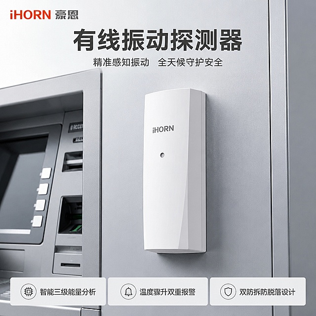 [主图-1] LH-502有线振动探测器 ATM安装场景首图
[氛围风格] 专业沉稳工业安防风格，突出安全可靠的产品气质
[画质] 商业摄影质感，光线均匀通透，产品清晰真实，画面干净高级，细节锐利
[元素] 豪恩LH-502有线振动探测器安装在ATM机侧面机身，产品居中展示，占据画面约70%比例，左上角保留原品牌iHORN豪恩Logo，保持原Logo字形和配色不变。ATM机浅灰色金属背景干净整洁，左下角和右下角预留文案区域。保持探测器外观（物理结构、材质质感、颜色）与输入产品图绝对一致，杜绝任何变形和色差，精细化处理。产品主体清晰完整，细节锐利突出
[光影] 正面柔和主光均匀打亮产品和ATM机身，右侧辅助光勾勒产品轮廓，整体光比适中，明暗层次清晰，没有大面积死黑和过曝
[配色] 主色调为浅灰金属色，搭配产品白色机身，文字采用深灰黑色，对比清晰
[视角构图] 平视45°斜侧视角，景深适中，产品作为绝对视觉中心，轮廓完整不裁切，画面满屏无边框
[文字版式] 左上角Logo区放置品牌Logo，顶部居中放置大字主标题"有线振动探测器"，深灰色粗体无衬线；下方小字副标题"精准感知振动 全天候守护安全"，字号缩小约50%。底部通栏放置三个卖点短块，均分排列：左「智能三级能量分析」中「温度骤升双重报警」右「双防拆防脱落设计」，每个卖点用浅色背景小字居中，深灰色文字，清晰不抢主体
[输出要求] 1:1比例，文字清晰可辨，超高清商业摄影质感
[负向提示词] 变形，文字错乱，产品模糊，背景杂乱，水印，电商平台Logo，价格信息，夸张宣传语