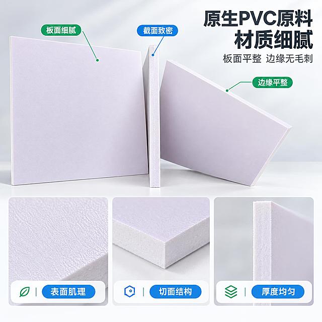 [主图-3] 材质细节及多角度展示图，放大板材表面肌理、切面结构与边缘工艺。
[统一基调] 风格=建材类清爽专业商业摄影；主色=浅灰白+暖白；强调色=环保绿与科技蓝，仅用于小面积图标、引线和标签；标题字=现代无衬线粗体；正文字=简洁无衬线体；标题色=深炭灰；正文色=中灰；组件=圆角浅底信息卡、细线引线、胶囊标签；光影=明亮自然光+柔和顶光。
[画面] 使用【图1】【图2】雪弗板实物图。七三分构图：上部约65%为主视觉，展示雪弗板材质特写与多角度组合——左侧板材正面平铺展示平整细腻的表面肌理，中间板材侧面竖立展示均匀致密的厚度截面，右侧板材斜角展示边缘平整度，三块板呈扇形排列，用细线引线标注。下部约35%为三宫格细节图，分别展示：板面微距肌理、边缘平整切面、厚度截面层次。背景为浅灰白渐变，干净专业，满版无边框。
[光影质感] 侧方柔光打在板材表面，突出细腻均匀的肌理与致密截面；边缘干净平整无毛刺；接触处有自然浅淡阴影；商业级微距摄影质感，细节锐利。
[配色] 浅灰白+暖白主色调，环保绿与科技蓝仅点缀引线和标签。
[文字版式] 右上主标题"原生PVC原料 材质细腻"，副标题"板面平整 边缘无毛刺"；引线标注：板面细腻 截面致密 边缘平整；下部三宫格各贴短标签：表面肌理 切面结构 厚度均匀。文字全部横排。
[输出要求] 比例1:1，2K分辨率，材质细节清晰，文字可读。避免变形、错字、模糊、杂乱、水印、平台Logo、塑料感失真。