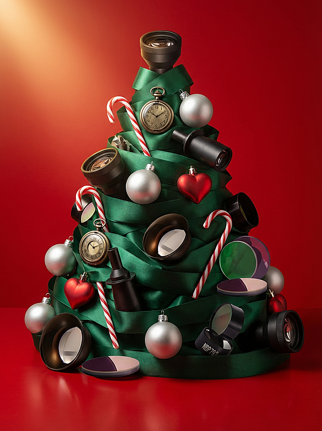 复古科技圣诞树，绿丝带缠绕金属镜头与怀表，3D重拟物拼贴风，极繁主义装饰，喜庆红背景，金属塑料质感交织，节日氛围浓烈。