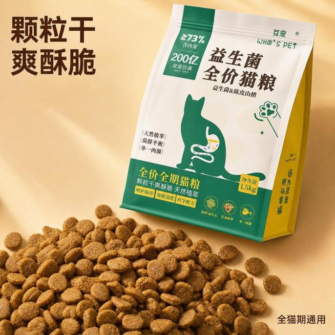 [主图-3] 益生菌全价猫粮颗粒细节特写主图，暖调自然，真实质感，整体风格统一，商业摄影微距细节质感、光线柔和通透、颗粒纹理清晰真实、画面干净高级，下方展示大量倒出的猫粮颗粒微距特写，突出颗粒干爽酥脆预览效果
