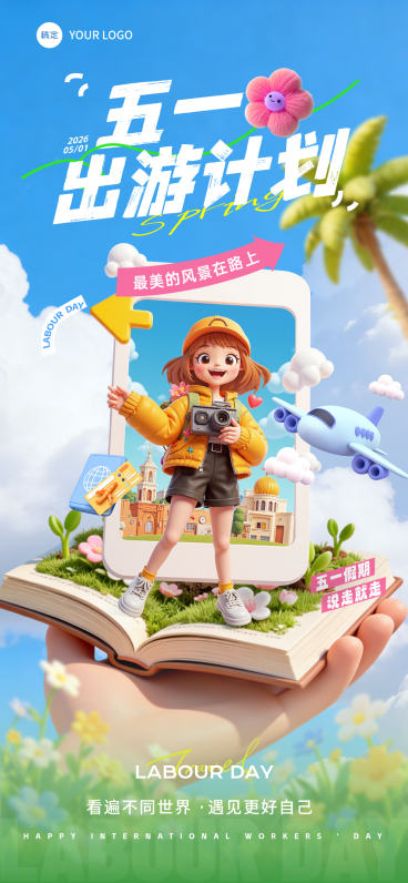 五一出游节日营销旅游出行全屏竖版海报预览效果