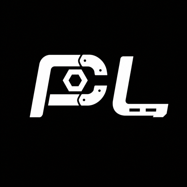 保持现有LOGO主体不变：左侧字母P保留左侧竖线和右侧C形开口结构不变，仅修改右下方字母L。L保留直角形状，仅在其横线上增加两个等距矩形缺口，缺口长宽比3:1，缺口间距等于缺口长度，类似自动化导轨安装预览效果
