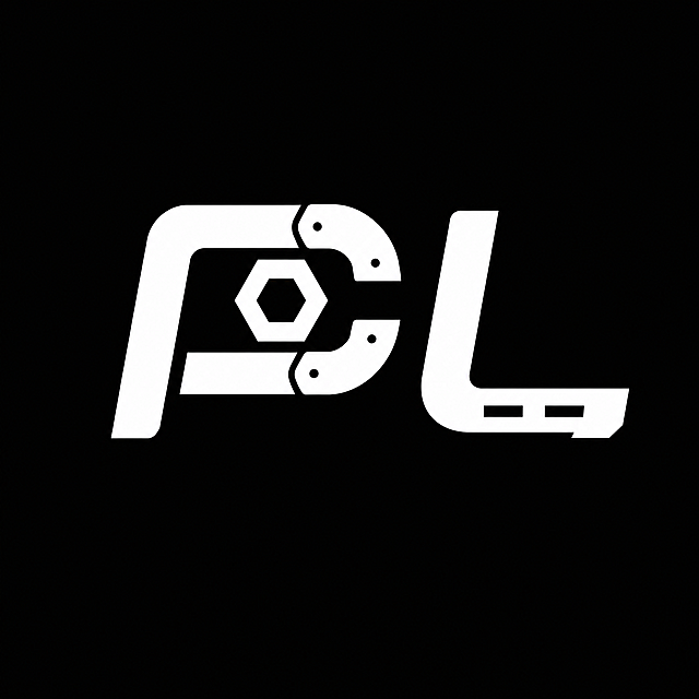 保持现有LOGO主体不变：左侧字母P保留左侧竖线和右侧C形开口结构不变，仅修改右下方字母L。L保留直角形状，仅在其横线上增加两个等距矩形缺口，缺口长宽比3:1，缺口间距等于缺口长度，类似自动化导轨安装槽。L外轮廓尺寸、竖线横线长度不变，仅在横线内部开孔，转角保持斜切处理。整体纯黑白两色，无渐变无阴影，图片比例1:1。