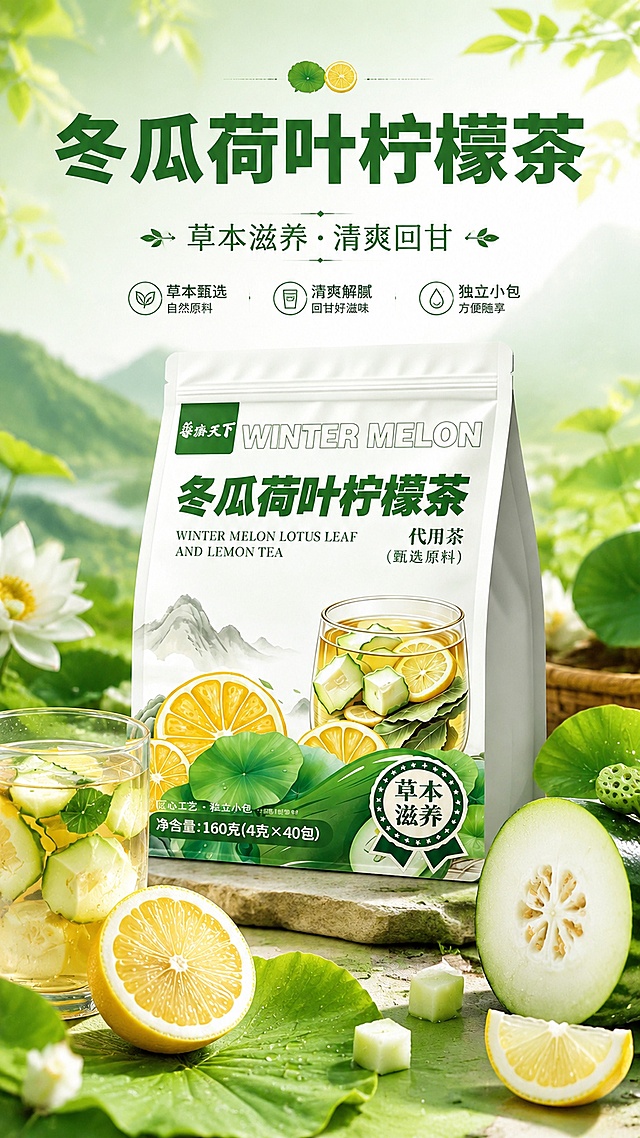 基于这张冬瓜荷叶柠檬茶产品图片生成一张9:16的详情主图，配料元素搭配，产品放在视觉C位突出，画面和谐美观高级，主标题文字为“冬瓜荷叶柠檬茶”，不要改变包装袋的颜色，不改变包装的大小和形状，光线明亮不暗淡，文字清晰，画面干净不杂乱，整体风格高级，能够激发消费者的购买欲