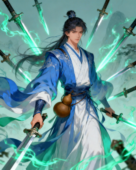 「图片1」类似画风的图，仙侠剑修男性，蓝白飘逸道袍，腰间葫芦，多把飞剑环绕，青绿色剑气特效，高冷气质，高清插画，仙侠风格预览效果