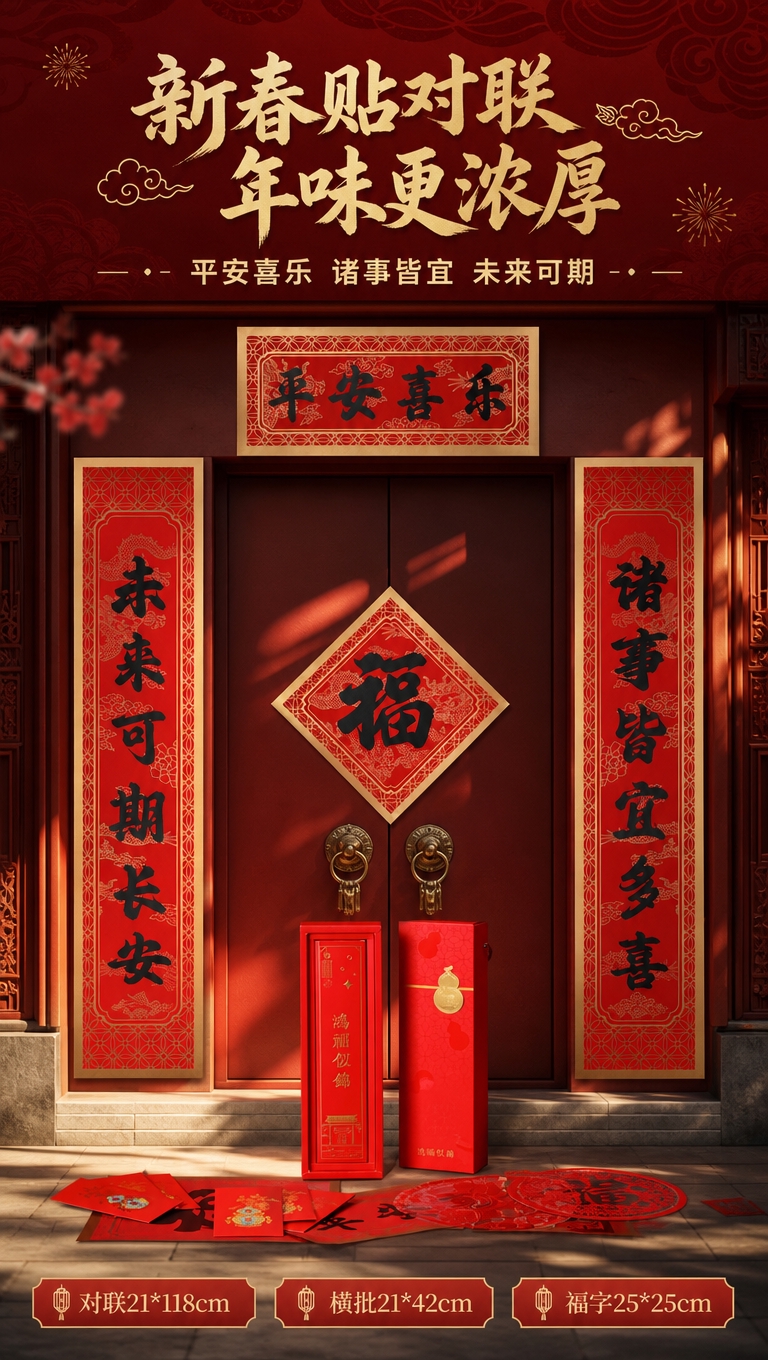 [商品] 使用【图3】对联套装；保留对联红底黑字书法、金色边框… - 图片创意预览