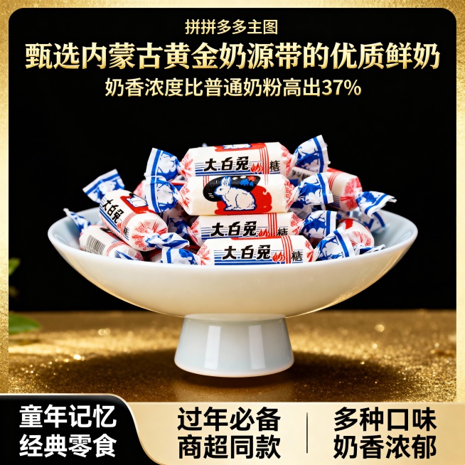 这张图片是产品主体这款产品是上海冠生园大白兔奶糖 我需要设计20张主图在拼多多上面售卖    主图场景布局可以用 等设计一个高级一些主图文案内容  甄选内蒙古黄金奶源带的优质鲜奶 奶香浓度比普通奶粉高预览效果