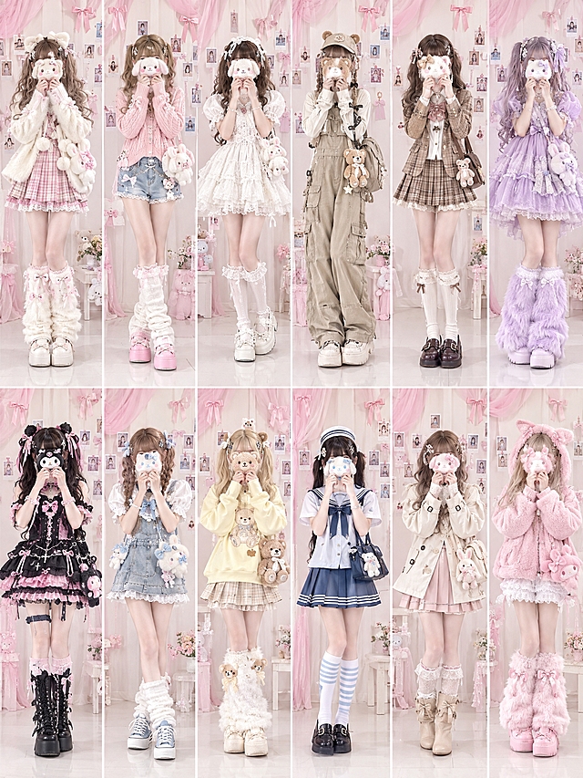 参考原图的排版风格与拍摄调性，重新生成一张全新的服装 lookbook 拼图：保持 2 行 6 列、共 12 套全身穿搭的整齐网格版式，浅粉与米白的简约影棚背景，天花板上垂挂粉色蝴蝶结、纱幔与拍立得照片墙装饰，柔和的平光棚拍光线；12 位少女模特均为站立全身展示、双腿并拢或交叉、手放在胸前，脸部用蓬松奶油团或毛绒玩偶遮挡（保留原图的萌系遮挡创意），姿态俏皮可爱。全部服装为全新原创设计，主打日系萌系少女风格，包含毛绒腿套、厚底玛丽珍鞋、卡通玩偶包挂等萌系单品，12 套各不相同：1 奶油白毛绒大衣+粉格百褶裙；2 樱花粉针织开衫+浅蓝牛仔短裤+堆堆袜；3 白色蕾丝娃娃裙+泡泡袖+珍珠玛丽珍鞋；4 米色工装背带裤+小熊玩偶挂饰+帆布鞋；5 奶咖格纹 JK 制服+领结+乐福鞋；6 薰衣草紫蓬蓬纱裙+毛绒腿套；7 黑粉配色哥特萝莉连衣裙+十字架配饰+厚底靴；8 浅蓝牛仔背带裙+白色荷叶边 T 恤+帆布鞋；9 黄油色小熊印花卫衣+A 字短裙+毛绒腿套；10 蓝白水手服+条纹袜+制服鞋；11 米白风衣+浅粉百褶裙+短靴；12 粉红毛绒连帽衫+白色蕾丝边短裤+毛绒腿套。整体色彩柔和明亮、少女感十足，杂志画册级质感，4K 高清。