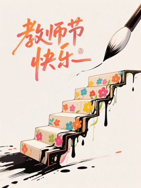 教师节主题插画，毛笔在画卷上挥洒书写，墨迹流淌成通向学习的阶梯，阶梯铺满画卷，花体手写字“教师节快乐”位于画面显眼位置，动漫风格，色彩明亮，线条流畅，无花瓣水印预览效果