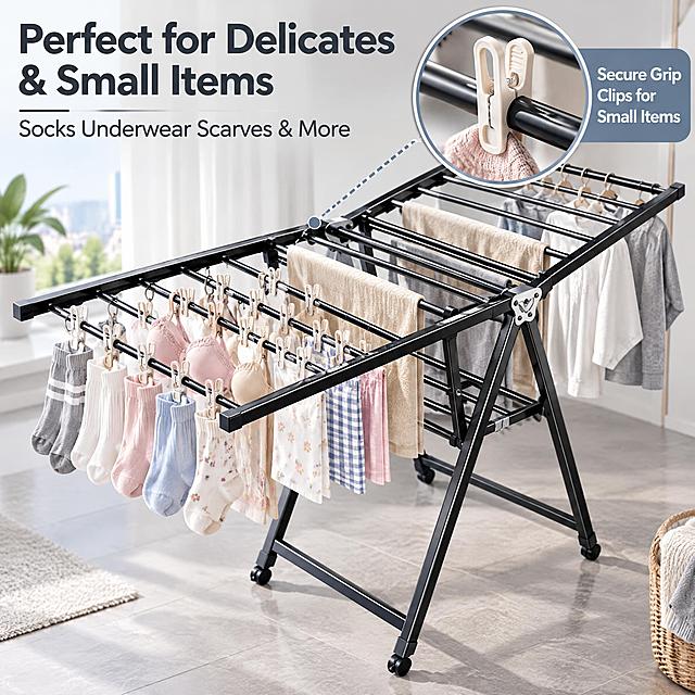[主图-13] 1.8m Foldable Clothes Drying Rack 小件衣物晾晒细节图（袜子内衣专用区）。
[统一基调] 亚马逊跨境主图统一视觉：浅灰色家居背景，特写+整体结合风格，主色为浅灰+黑色金属+柔和彩色衣物点缀，标题字为深灰粗体无衬线字体；字体统一为现代无衬线体。
[画面] 产品以中景视角展示，主体占比约65%，重点突出下层横杆和专用晾晒夹区域；下层横杆上用夹子夹着多双袜子、内衣、手帕等小件衣物，整齐排列；右上角有圆形放大窗口，特写晾晒夹细节，配文 "Secure Grip Clips for Small Items"；上方大标题 "Perfect for Delicates & Small Items"，下方小字 "Socks Underwear Scarves & More"。
[光影质感] 柔和侧光，小件衣物色彩柔和丰富，夹子细节清晰，布料质感真实。
[配色] 浅灰背景 + 黑色产品 + 柔和彩色小件衣物 + 蓝灰放大圈。
[文字版式] 标题在左上方，大号粗体深灰；辅助文字在标题下方；放大窗配文在窗口右侧。
[输出要求] 1:1正方形，小件衣物整齐美观，夹子细节清晰，文字可读，无水印。