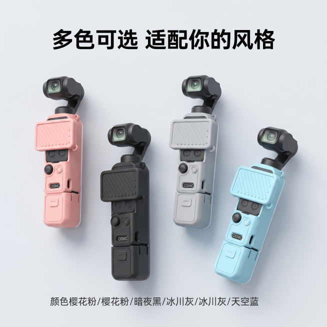 [主图 2] 多色可选展示主图
[氛围风格] 统一科技简约电商风
[画质] C4D Octane物理级商业渲染，超写实质感，产品清晰真实，画面干净高级
[元素] 将粉色、黑色、浅灰色、天蓝色四款大疆P预览效果