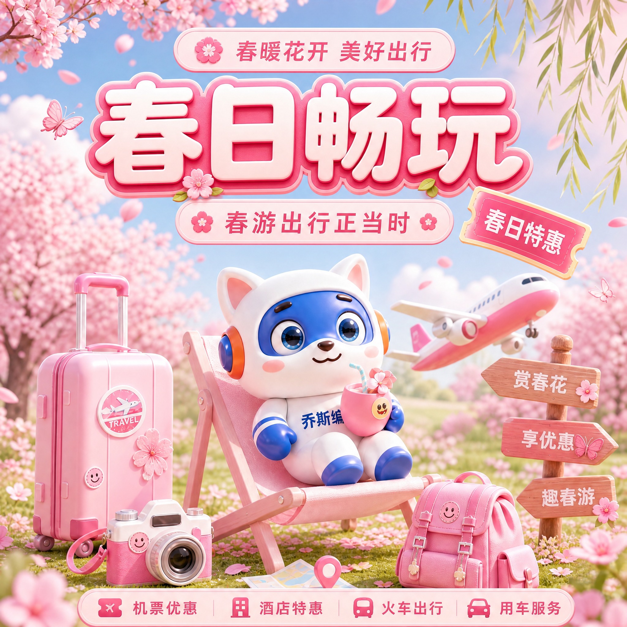 将海报改为春日出游主题，整体粉色调。顶部小标语改为"春暖花开… - 图片创意预览