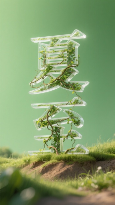 节气创意海报，中央是字体设计“夏至”，立体透明，字体内部填充自然植物纹理，模拟生长中的藤蔓形态，干净绿色背景，底部是草地和土坡，近景虚焦，写实风格预览效果