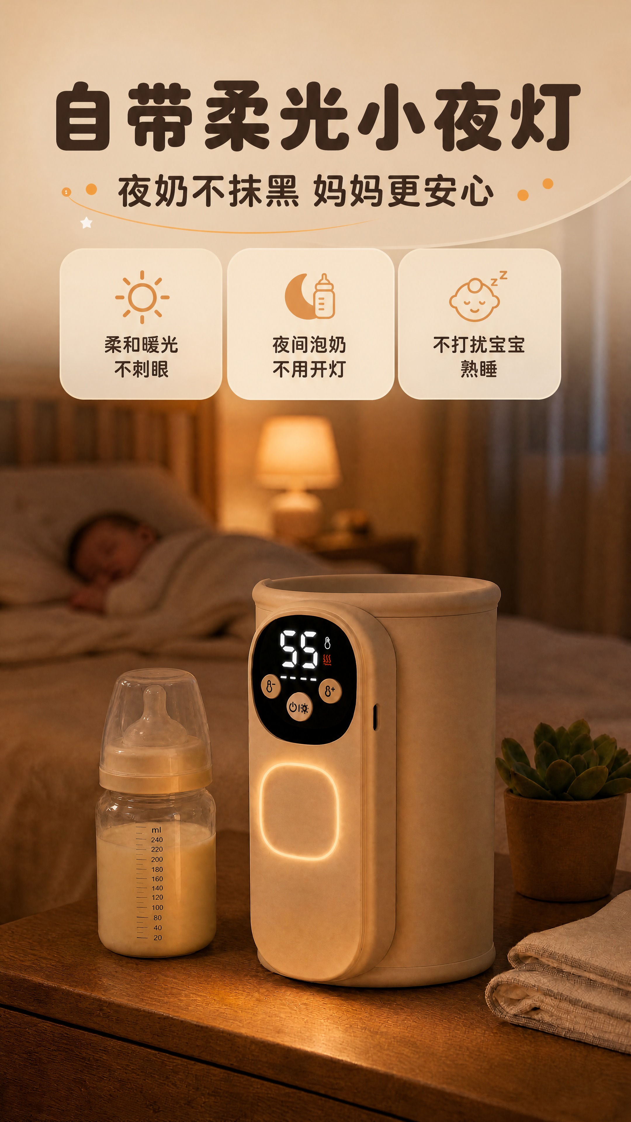 [商品] 使用【图2】米白色无线暖奶器保温套夜晚床头柜场景；将… - 图片创意预览