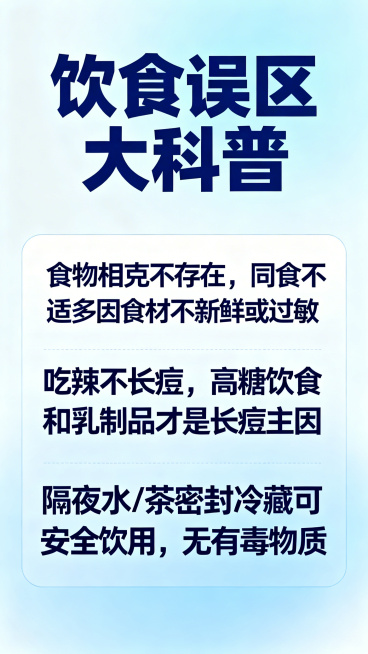 日常习惯辟谣科普竖版海报，蓝色健康风格，简洁清晰大字排版，整体干净正式、易读醒目，适合班级宣传校园科普。主标题为「饮食误区大科普」，内容：1. 食物相克不存在，同食不适多因食材不新鲜或过敏；2. 吃辣预览效果