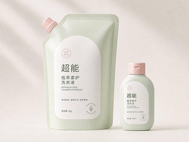 参考这款超能洗衣液的设计，重新设计同款风格的洗衣液补充袋装和旅行装瓶装，保持浅绿色+粉色+白色主色调，简约设计，相同的品牌文案和设计风格统一