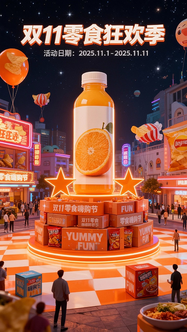 3D风+霓虹灯风，梦幻夜景都市中巨型橙汁瓶悬浮于零食堆叠舞台，搭配卡通气球与发光星星，营造喜庆、潮流、趣味的双11零食狂欢氛围。