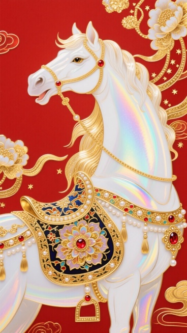 主体是鎏金白马的上半身特写（鬃毛呈金白渐变，如光瀑般流动，马身装饰宝相花与珍珠流苏纹样，搭配彩金华丽鞍具，镶红宝石与金箔），呈昂首嘶鸣姿态，眼神锐利而神圣。背景为正红底，周围融入飘逸的金色祥云花蔓元素预览效果