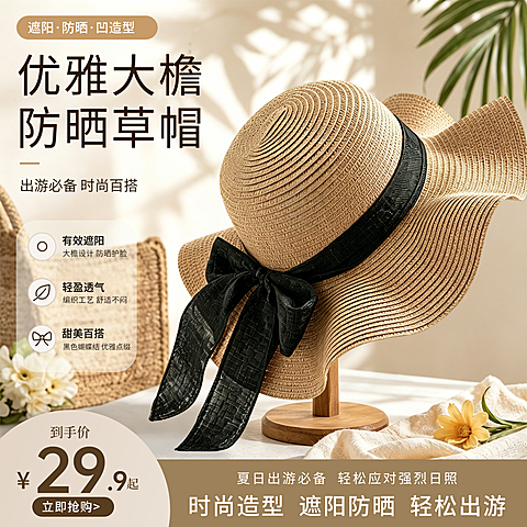 夏季大檐防晒遮阳草帽电商主图
