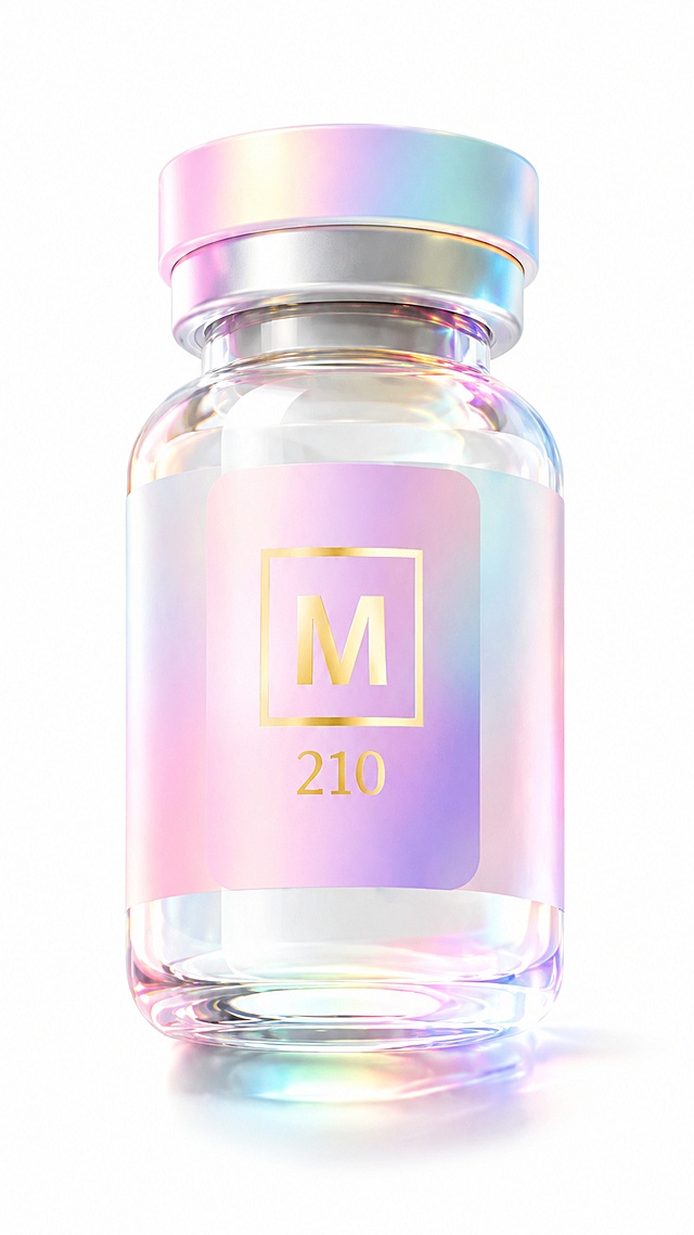 基于原图，保持玻璃瓶造型、轮廓和标签文字"M" "210"完全不变，仅更换为多巴胺配色风格。瓶标签更换为马卡龙粉紫渐变底色，字母"M"和数字"210"更换为浅金渐变色彩，瓶盖和透明瓶身增加淡淡的马卡龙彩虹光影折射效果，瓶身保留透明通透质感，整体为明亮活泼的高饱和多巴胺风格。背景保持纯白色不变，光影干净，超高清，细节清晰。