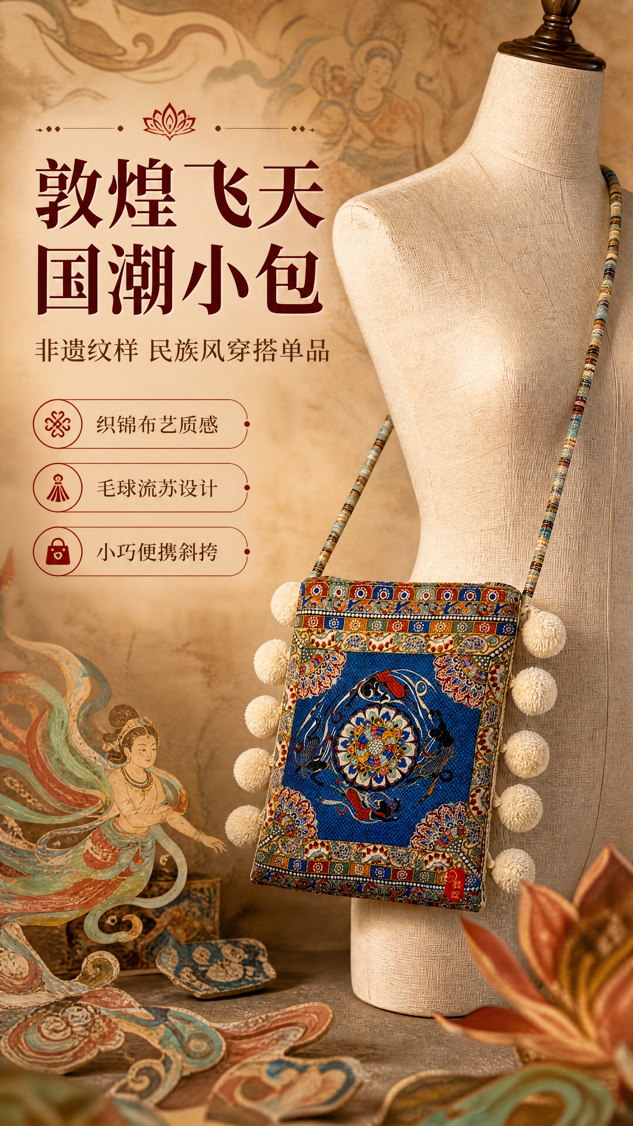 [商品] 使用【图1】【图2】敦煌飞天藻井纹斜挎小包；商品处理… - 图片创意预览