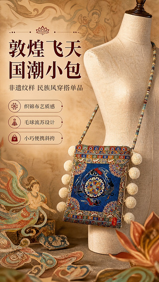 [商品] 使用【图1】【图2】敦煌飞天藻井纹斜挎小包；商品处理：保留宝蓝色主调、敦煌飞天藻井纹样、两侧白色毛球流苏、织锦布艺材质、红色小标、彩色编织肩带、包型结构与缝线细节；自然理顺面料纹理，增强织锦布艺质感与毛球蓬松感，不改变版型、颜色和结构。
[画面] 目标：国潮敦煌风风格头图海报，突出民族风美学与包袋整体造型；构图：左文右图，左侧留白放标题文案，右侧包袋斜挎展示为视觉主体，主体占画面约60%；景别：中景，展示完整包型与肩带斜挎效果；前中后景：前景散落敦煌风格装饰元素（飞天飘带剪影、莲花纹样碎片），中景包袋斜挎于米色亚麻人体模型上，后景为敦煌壁画肌理渐变背景；阅读动线从左上标题到右侧主体。
[视觉] 套系策略：风格=国潮敦煌风高级商业摄影；标题字=宋体衬线粗体带装饰衬线；正文字=简洁宋体；主色=敦煌宝蓝+赭石红；背景延展=基于敦煌壁画土黄赭石色调做深浅层级、肌理质感和渐变晕染；强调色=朱砂红，仅用于小面积图标、引线和标签；标题色=深赭石红；正文色=土棕褐色；组件=圆角描边信息卡、细线引线、敦煌纹样装饰边框；光影=左前侧暖柔光，营造复古壁画氛围感。
[文字] 左上留白放主标题「敦煌飞天 国潮小包」，副标题「非遗纹样 民族风穿搭单品」，下方3个短卖点：「织锦布艺质感」「毛球流苏设计」「小巧便携斜挎」；文字横向排版，不遮挡包袋主体与纹样细节，手机端清晰可读。
[规格] 图片比例9:16竖版，4K，避免变形、错字、文字过小、冷蓝灰背景、包型失真、纹样错乱、绝对化用语。