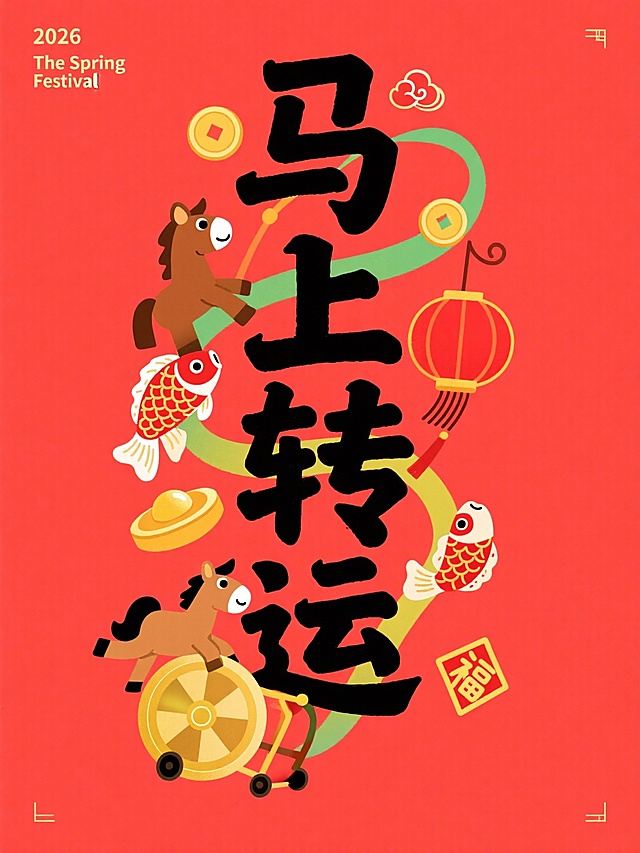 主体是竖版黑色 “马上转运”，拙气扁平手写风格，上下保留一定边距。叠加于正红底色之上，字间穿插卡通棕马（推着金色转运轮）、锦鲤跃动、红色转运符、铜钱、红灯笼、祥云符号，点缀 “2026”。四角辅以 “2026”“The Spring Festival” 小字装饰元素，整体呈现转运纳福的国潮风格。