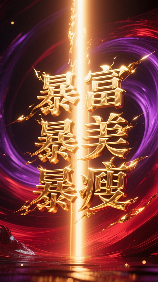 电影级光效，超精细，一个史诗般的场景，文字“暴富”“暴美”“暴瘦”如同由发光的熔融黄金雕刻而成，仿佛正在散发出强烈的光芒。背景是深绯红色和皇家紫色的戏剧性漩涡，锋利的、如同神圣之光般的金色光束穿透黑暗，照亮了文字。风格奢华、新颖、有力，具有强烈的视觉冲击力。影棚灯光，Octane渲染。