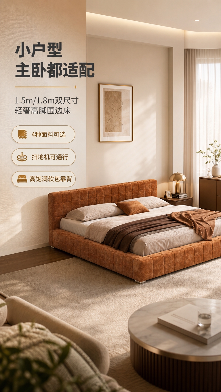 [商品] 使用【图1】棕色方格软包落地围边床；保留床头高饱满软… - 图片创意预览